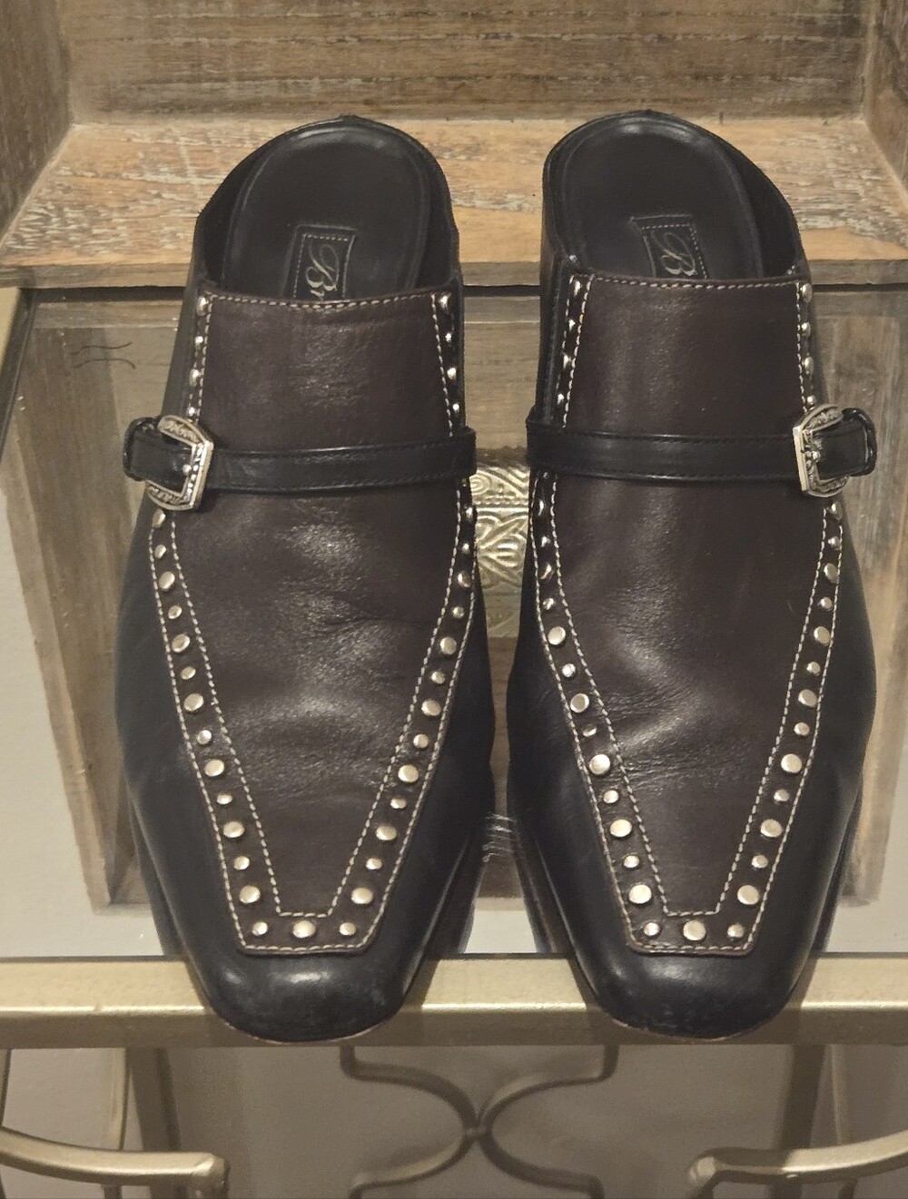 Vintage Brighton Tempe Black Leather Studded Western Mules Clogs Heel 6.5 M